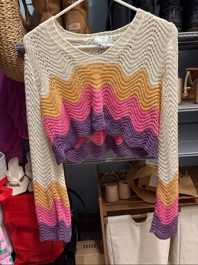 Molly Bracken Cream Pink Purple Yellow Wave Knit Cropped Top